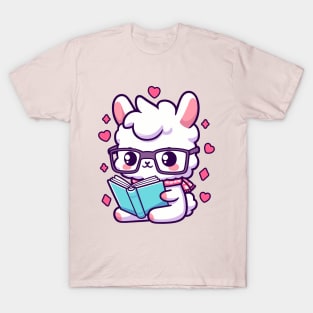 Kawaii Llama Reading Book Llama Lover Bookworm T-Shirt